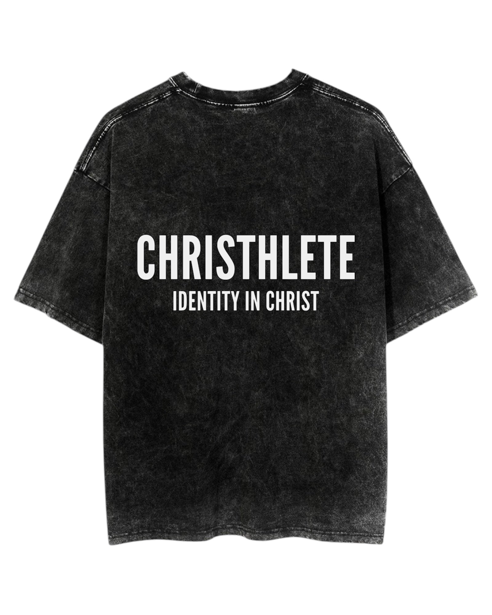 Image of Black t-shirt with 'CHRISTHLETE IDENTITY IN CHRIST' text on a white background